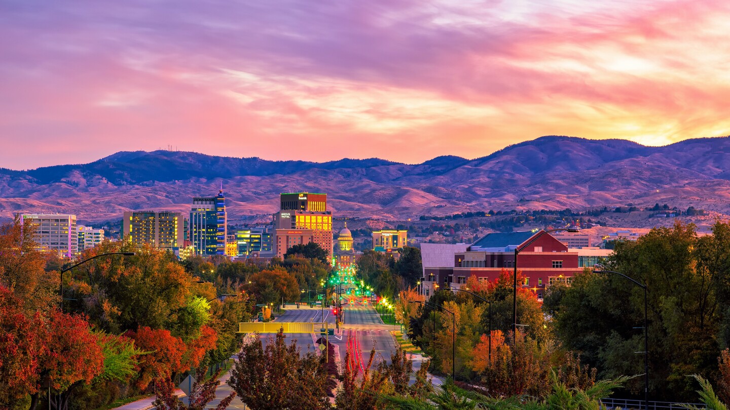 Boise Idaho skyline morning sunrise with light street traffic