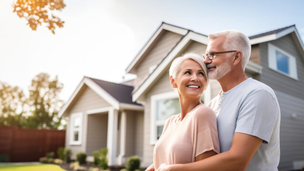 Older Couple In Front of Home, Looking Happy and Towards a Brighter Future through Reverse Mortgages