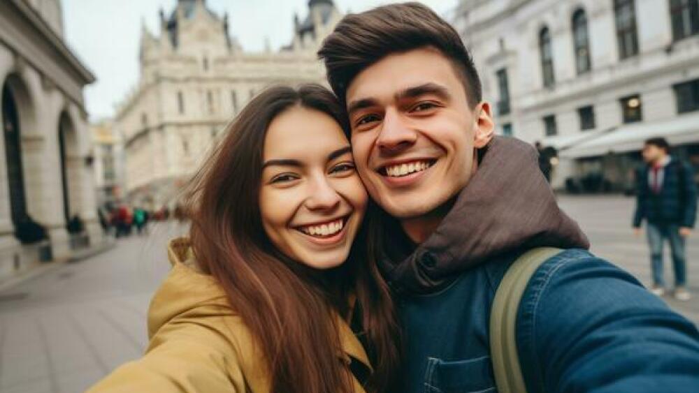 Happy Tourist Couple Taking Selfie In City On Vacation