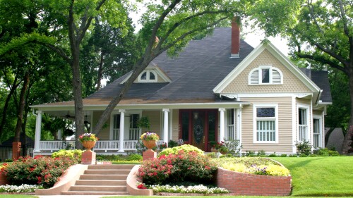 classic house with flower garden