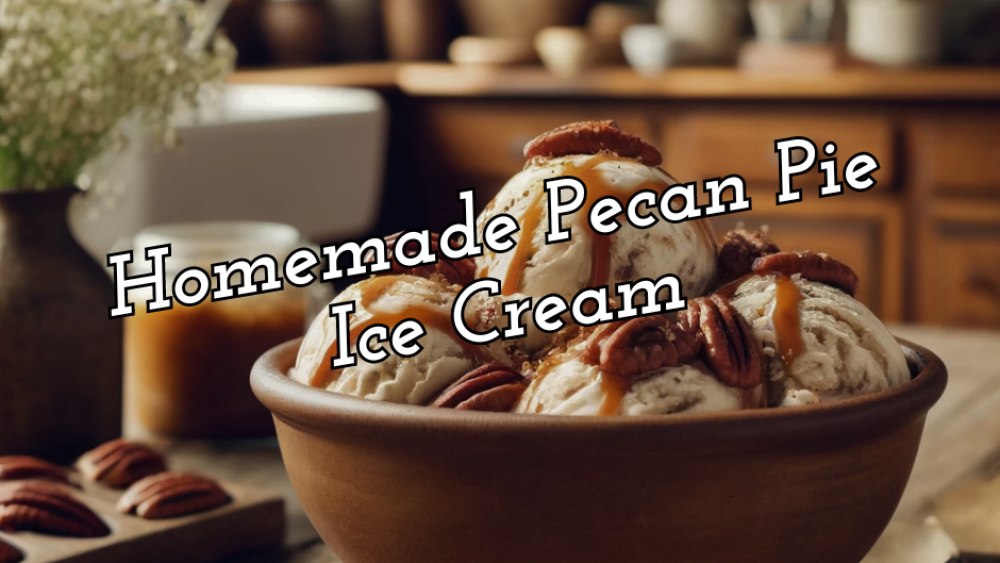 Delicious homemade pecan pie ice cream served in a rustic kitchen, featuring rich, creamy textures and fresh pecans, prepared by Lainie Eilenberger, a leading Lubbock and West Texas real estate expert.