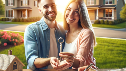 Homeownership and financial assistance. happy young couple receiving a symbolic Home Key