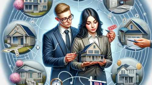 A realistic and detailed illustration representing the journey of first-time home buying. The image features a young adult couple in the center, looki.png