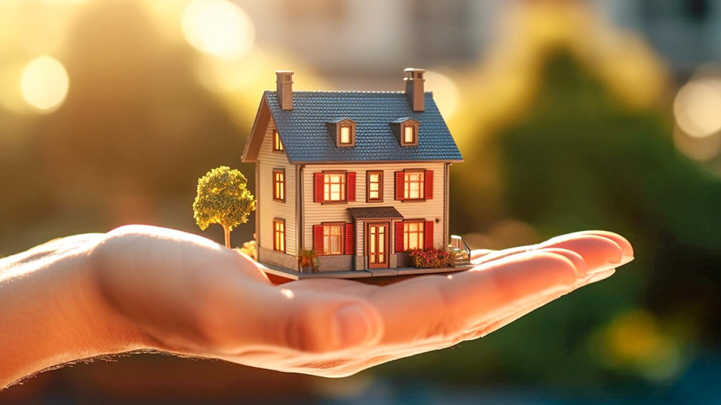 Human hand holds a miniature house or home model, new house, pro