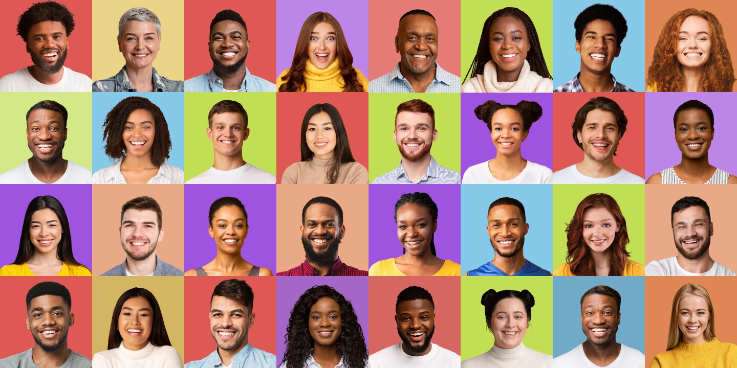 Collage Of Diverse Females And Males Portraits On Colored Backgrounds