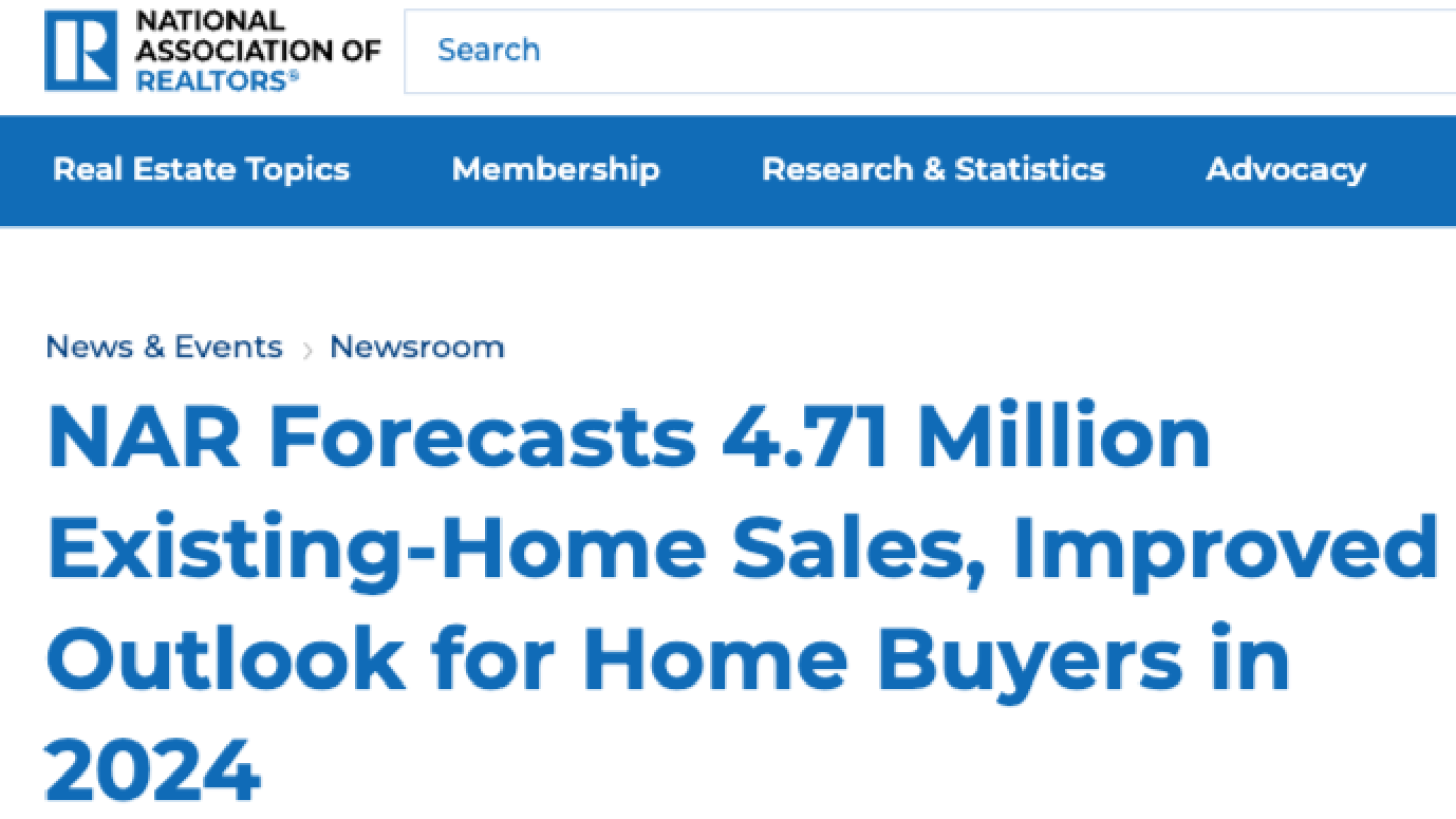 NAR Forecasts 4.71 Million ExistingHome Sales, Improved Outlook for Home Buyers in 2024