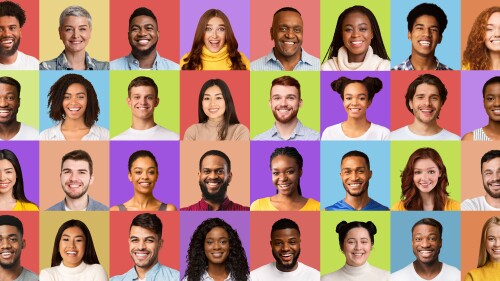 Collage Of Diverse Females And Males Portraits On Colored Backgrounds