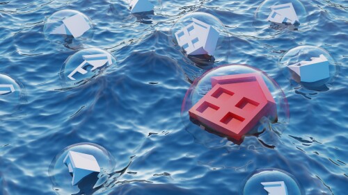 The real estate economic bubble concept. mortgage red house construction among white houses in blue ocean background. 3d render